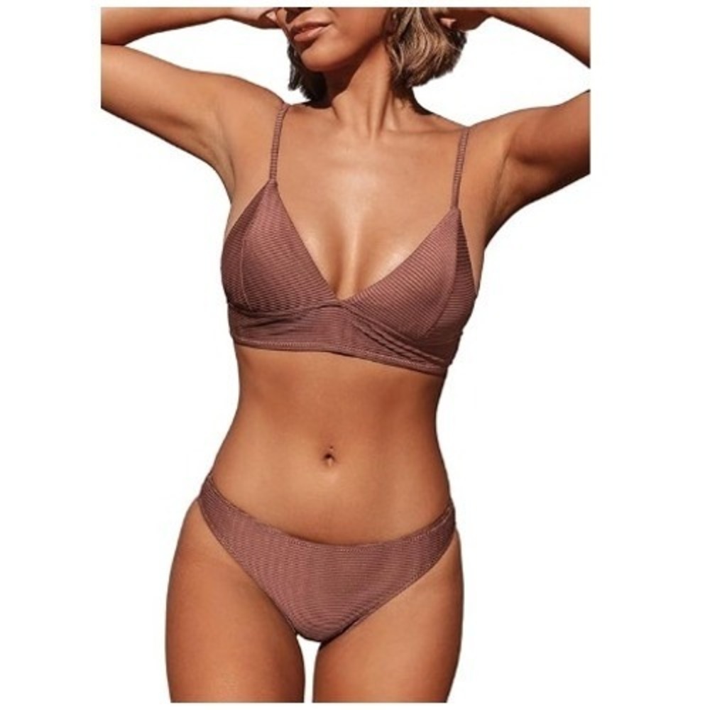 Cupshe Women's Terracotta Brown Ribbed Adjustable Triangle Bikini Set Size S NWT